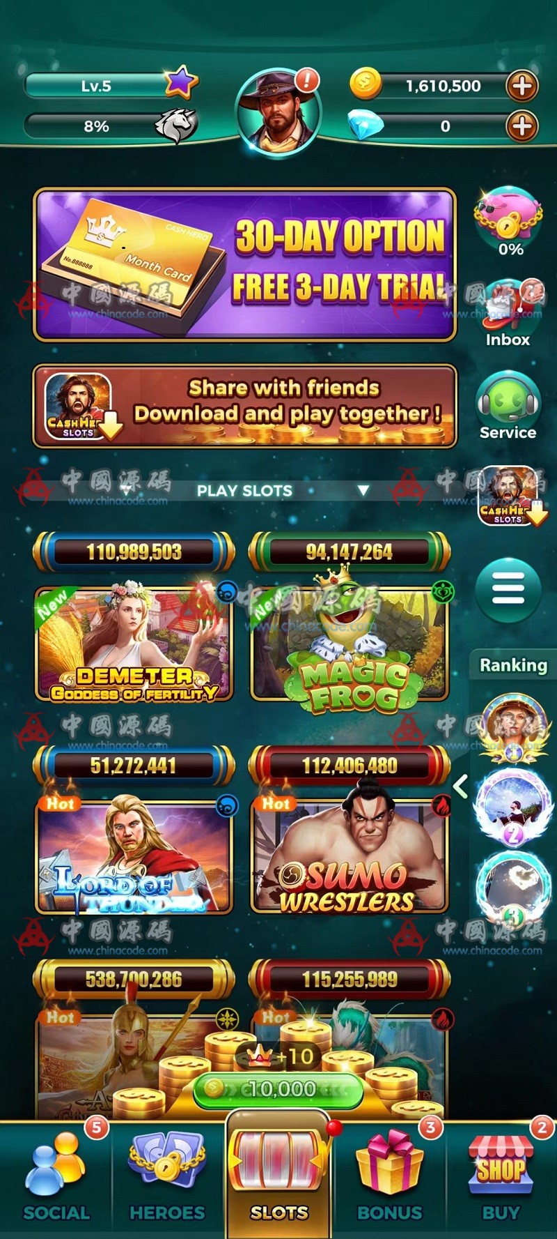 【置顶】竖版英文SLOTS《Cash Hero》源码 手游-第1张